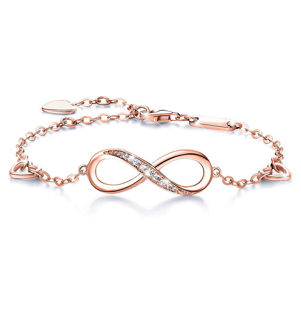White Swarovski Elements Infinite Pendant Chain Bracelet in 14K Rose Gold Plating