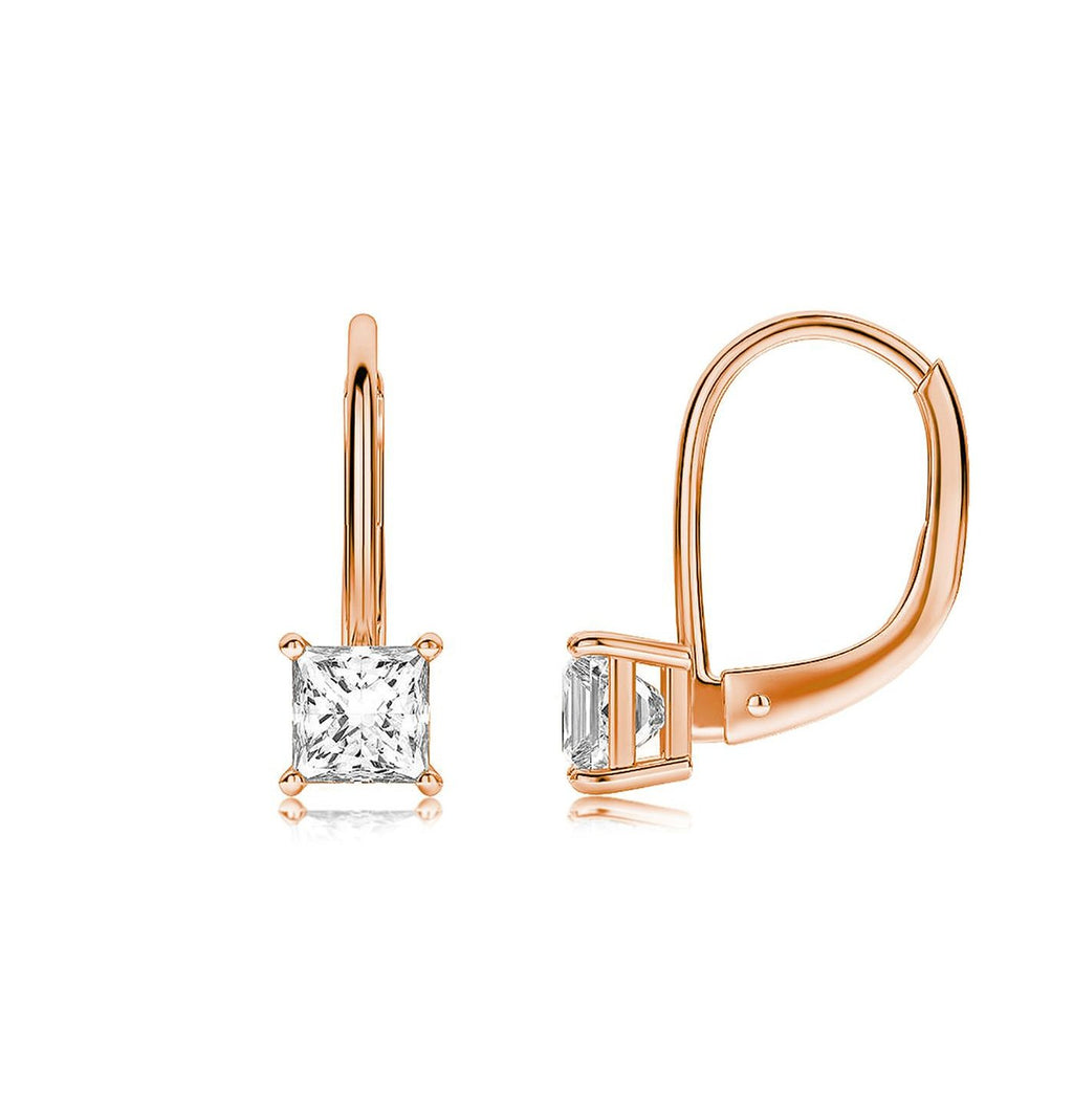 Princess Cut Swarovski Elements Simple Leverback Earrings in 14K Rose Gold
