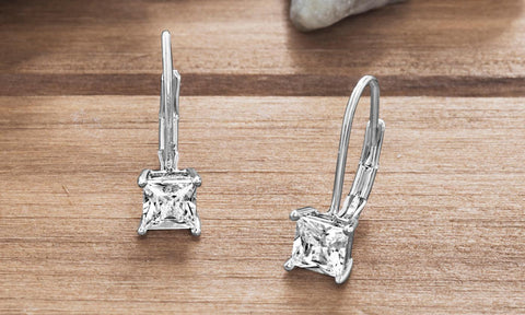 Princess Cut Swarovski Elements Simple Leverback Earrings in 14K White Gold