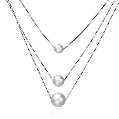 Triple Dangling Pearl Layering Sterling Silver Necklace